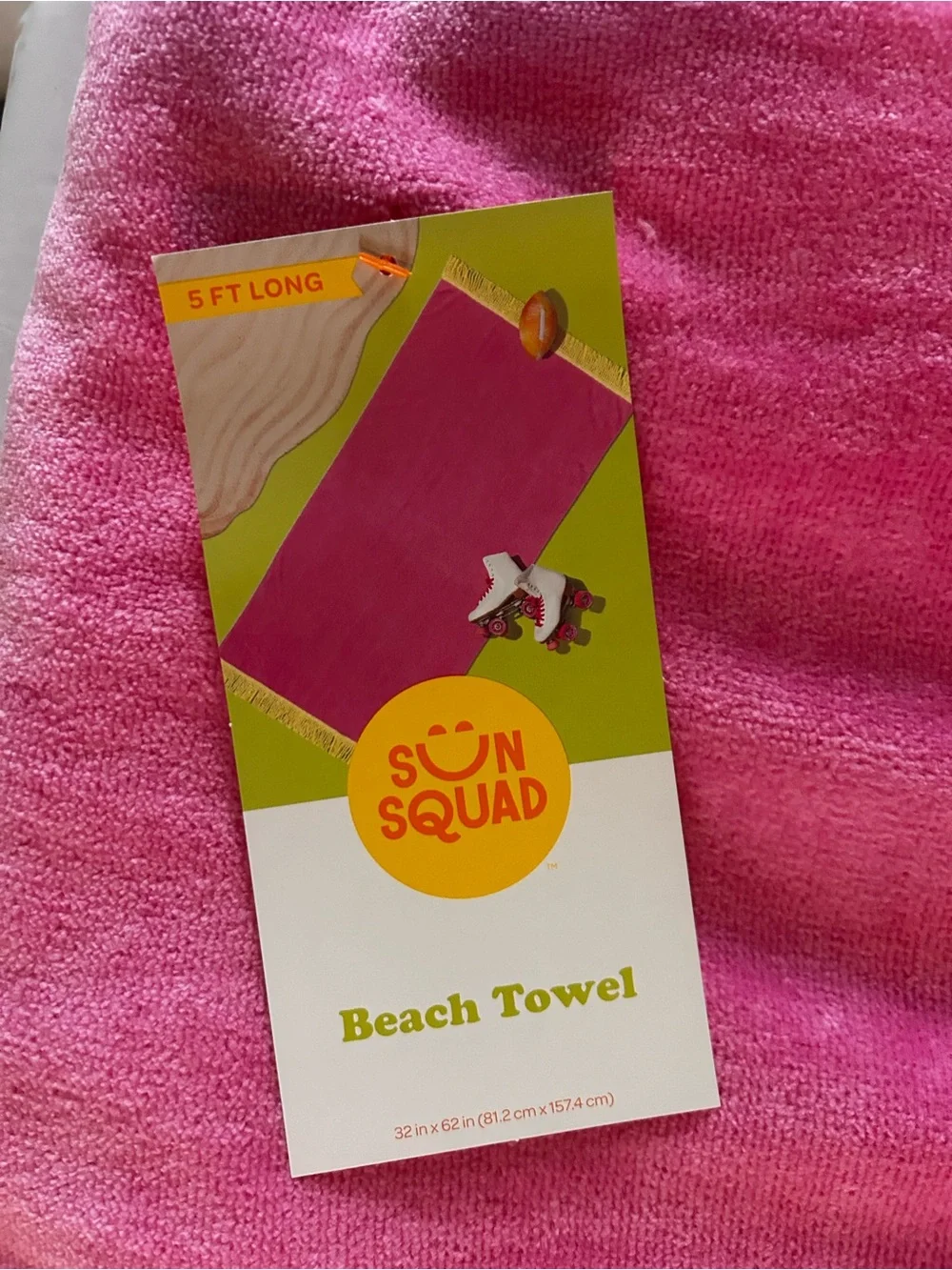 Bright Pink Beach Towel with Yellow Fringe Brand New